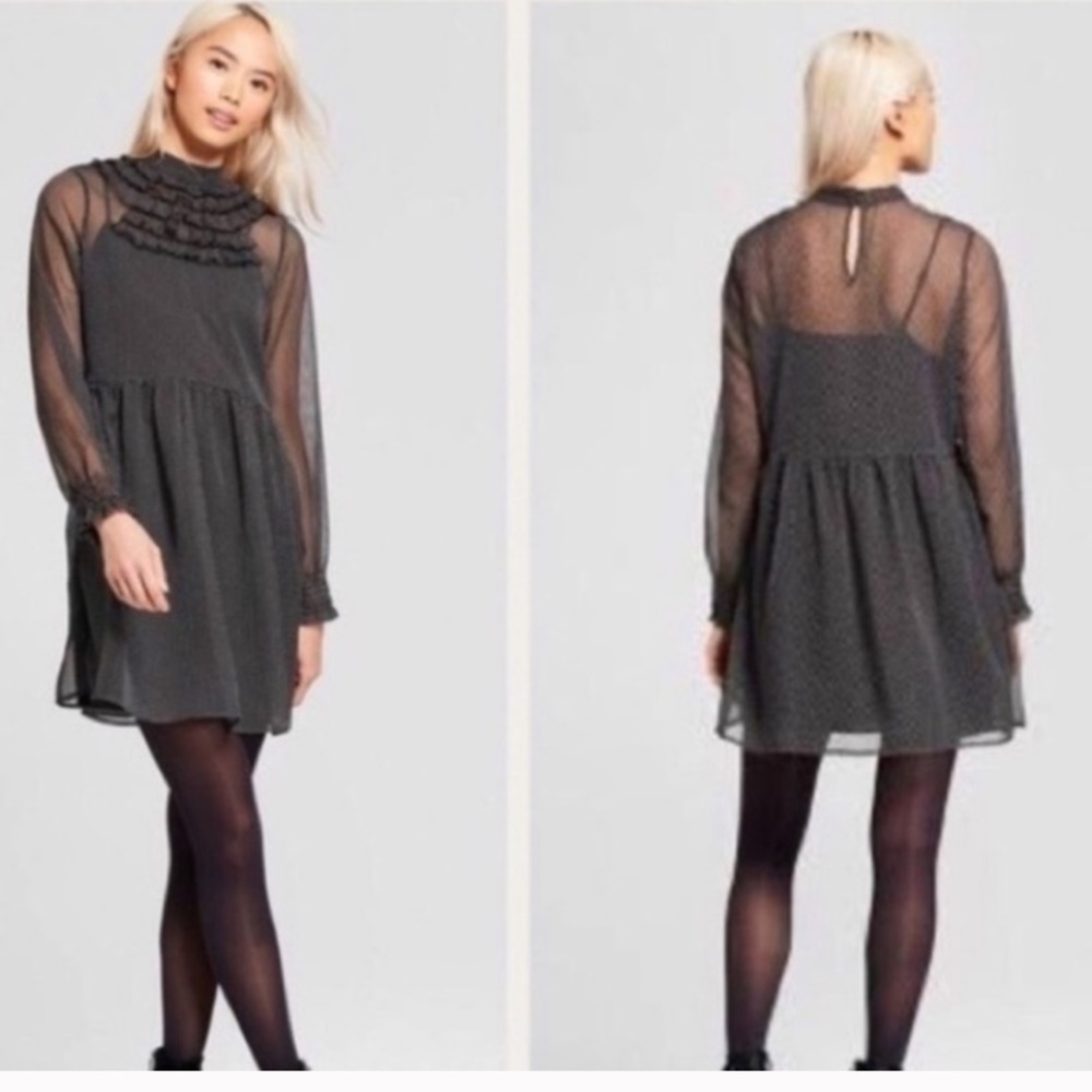 Ruffle neck dress, with slip underneath.